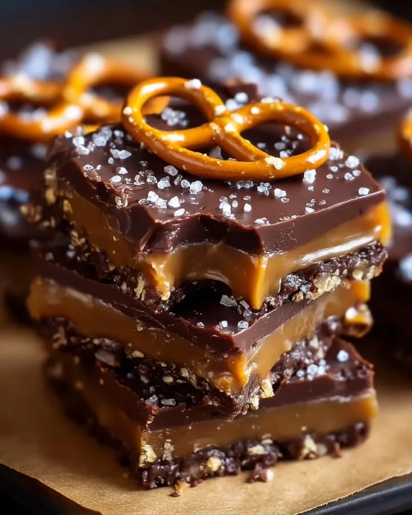 Delicious Chocolate Caramel Peanut Butter Pretzel Bars on a wooden table