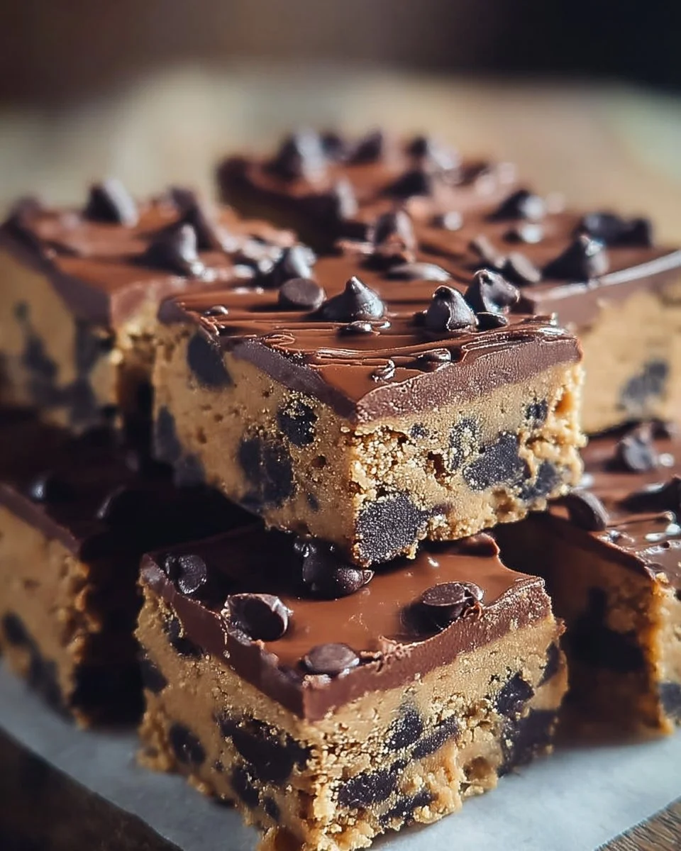 Delicious chocolate chip cookie dough bars topped with chocolate chips