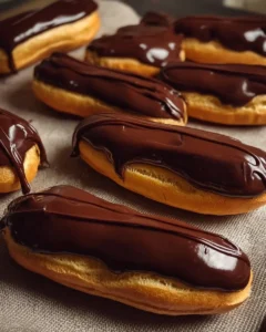 A plate of delicious chocolate eclairs topped with chocolate glaze.