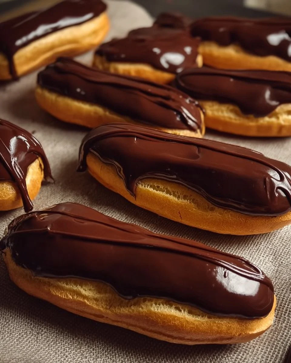 A plate of delicious chocolate eclairs topped with chocolate glaze.
