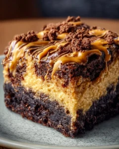 Delicious Chocolate Peanut Butter Ooey Gooey Butter Cake with a rich texture