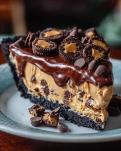 Delicious Chocolate Peanut Butter Temptation Pie garnished with chocolate shavings