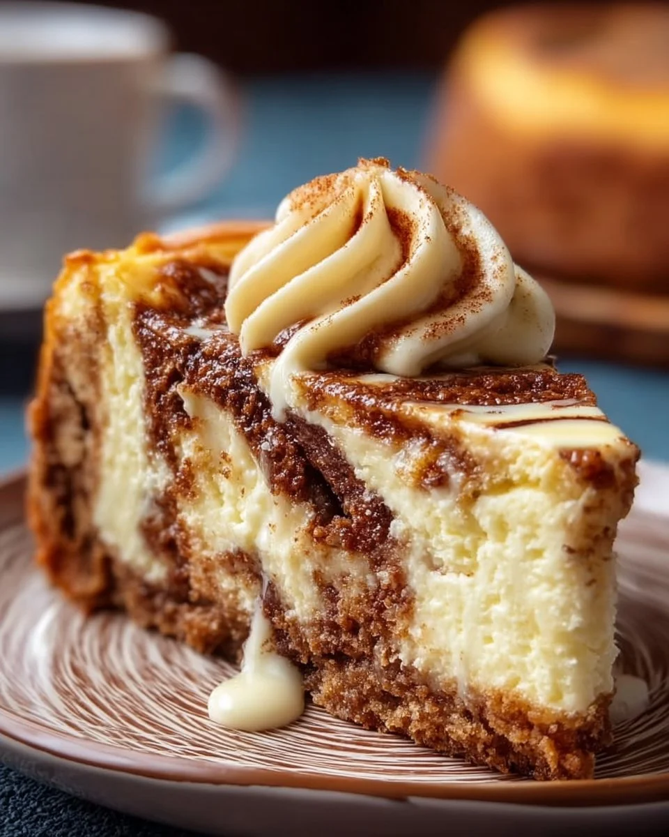 Delicious Cinnamon Roll Cheesecake topped with swirls of cinnamon and cream cheese