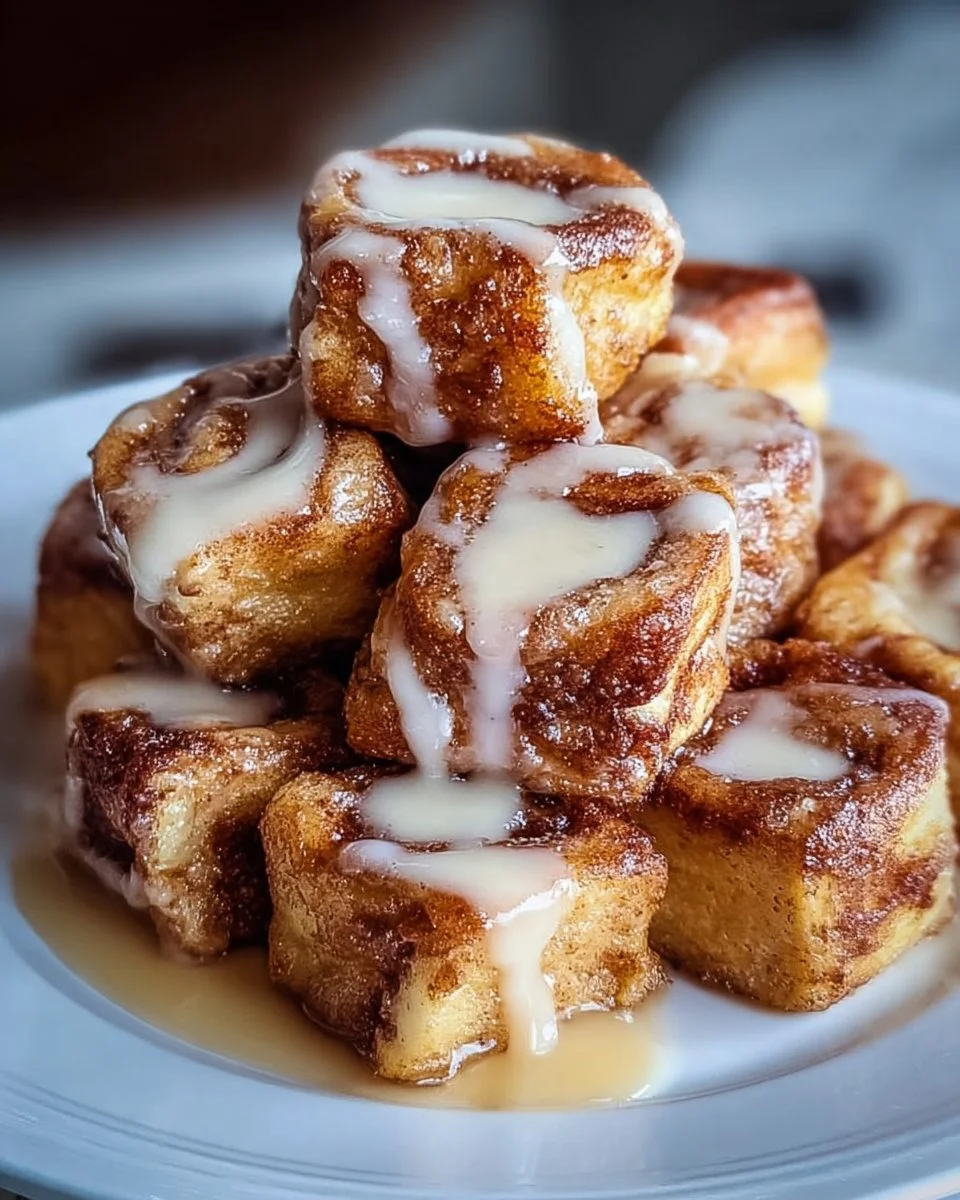 Delicious cinnamon roll french toast bites served on a plate