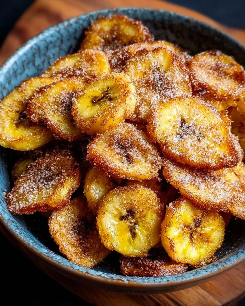 Crispy cinnamon-sugar air fryer banana chips ready to eat