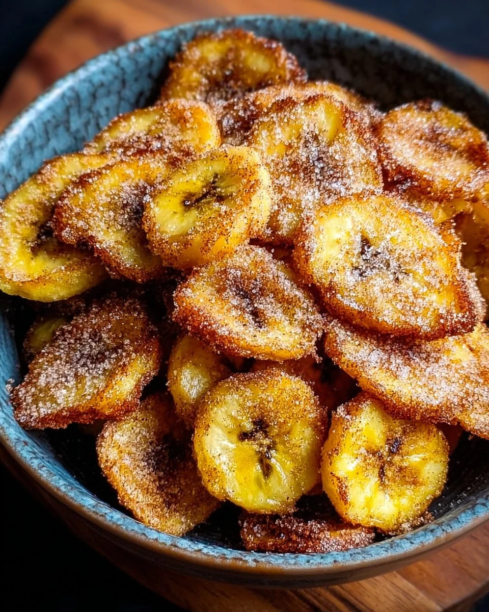 Crispy cinnamon-sugar air fryer banana chips ready to eat