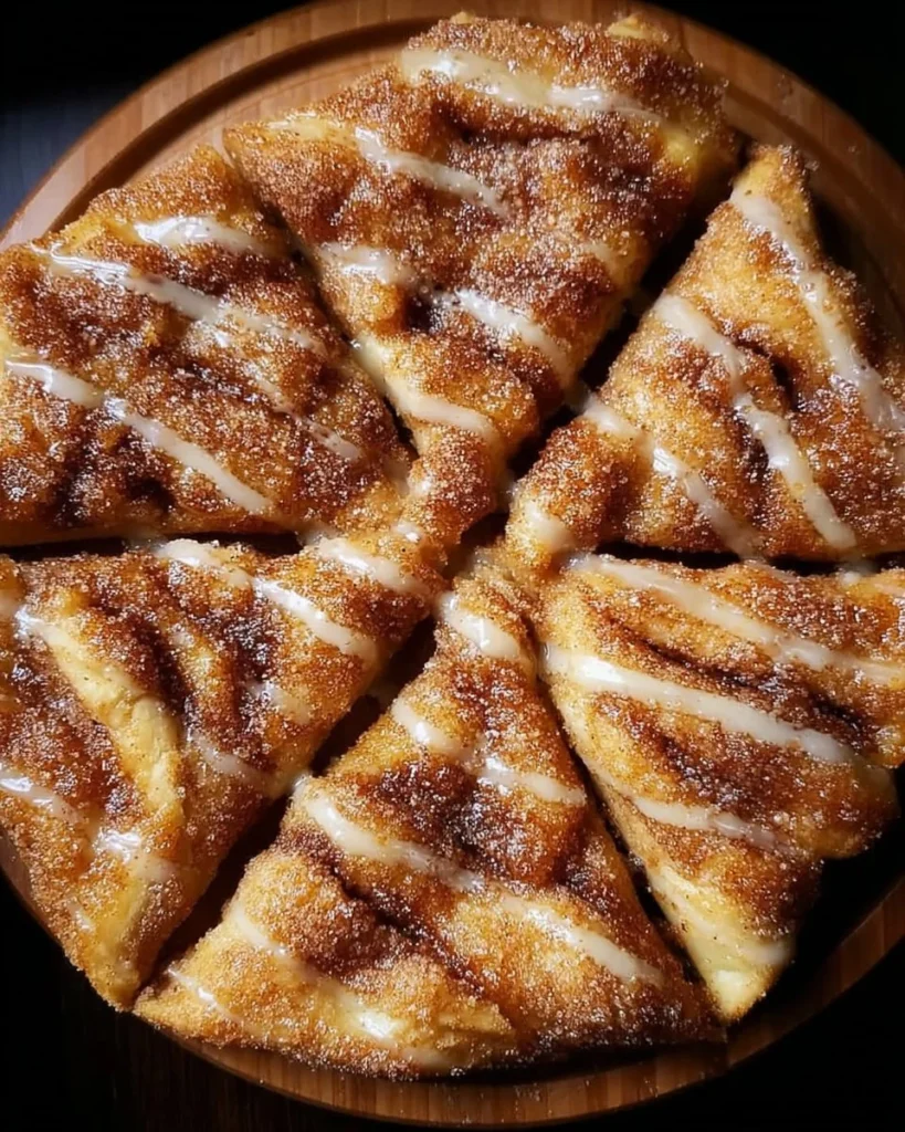 Cinnamon-sugar pizza made with crescent rolls, drizzled with icing.