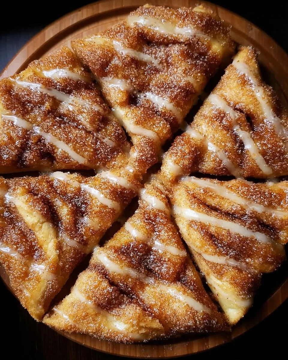 Cinnamon-sugar pizza made with crescent rolls, drizzled with icing.
