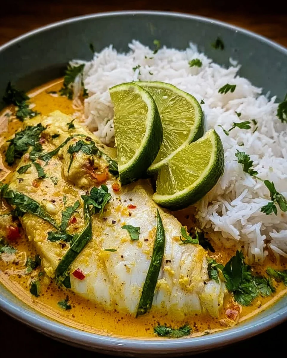Bowl of Coconut Lime Fish Curry served with Jasmine Rice on a rustic table.