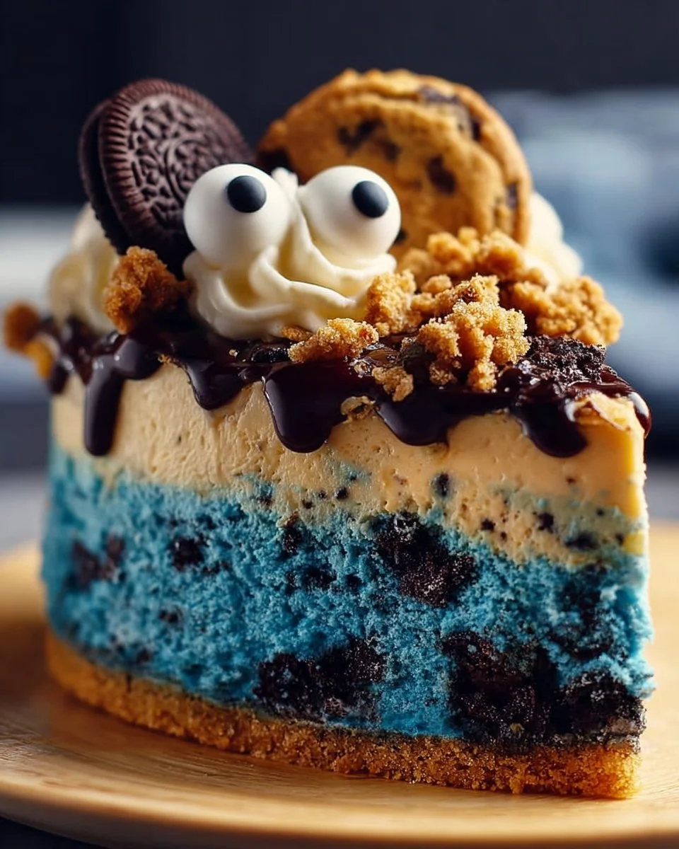 Decadent Cookie Monster Cheesecake topped with cookie crumbles and blue frosting