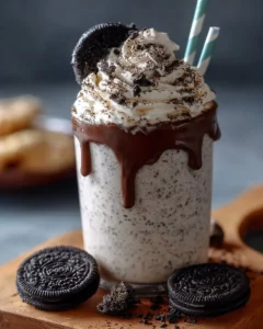 Delicious Cookies and Cream Frappuccino topped with whipped cream and chocolate drizzle