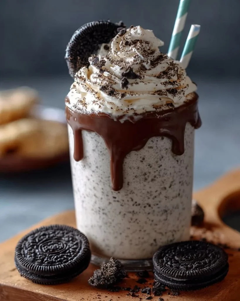 Delicious Cookies and Cream Frappuccino topped with whipped cream and chocolate drizzle