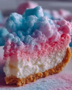 Delicious cotton candy cheesecake with colorful cotton candy topping