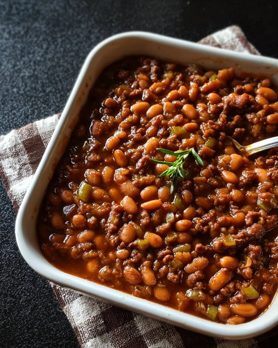 Delicious Cowboy Baked Beans served in a rustic bowl