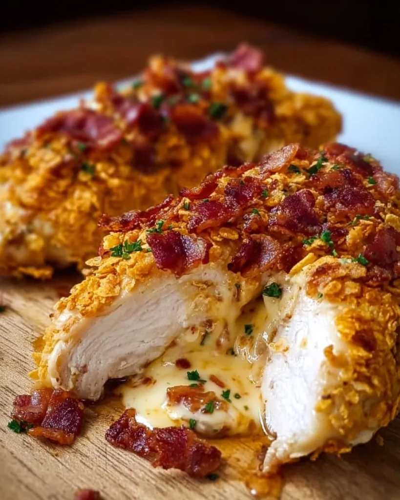 Cream cheese and bacon stuffed chicken with Doritos topping