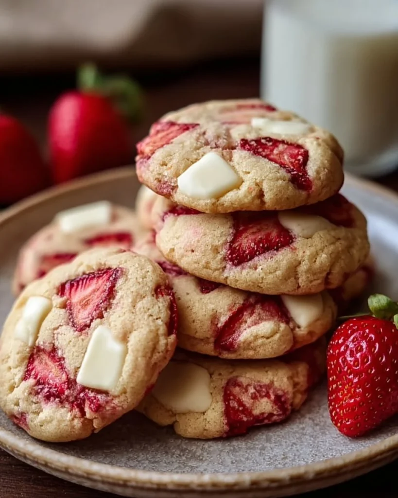 Delicious cream cheese strawberry cookies on a plate, perfect for dessert.