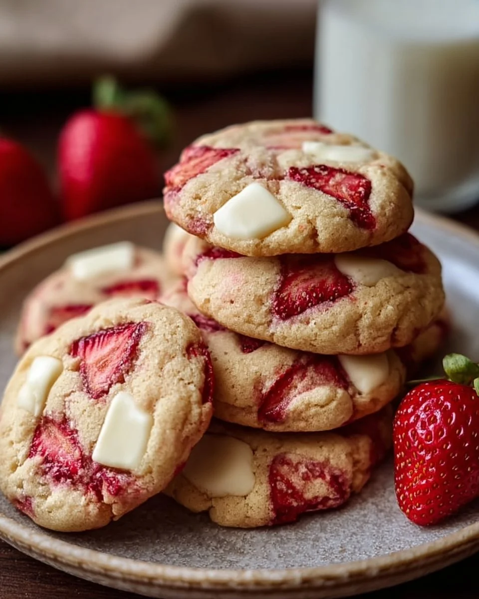 Delicious cream cheese strawberry cookies on a plate, perfect for dessert.