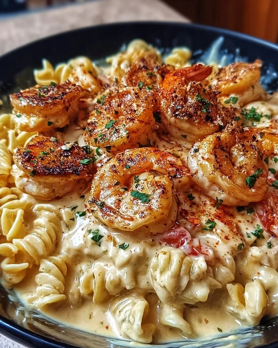 Creamy Cajun shrimp and chicken pasta served in a bowl