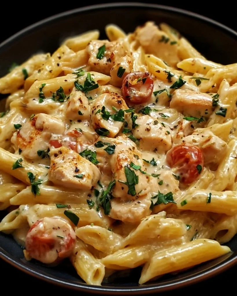 Creamy Chicken Tuscan Pasta garnished with fresh herbs