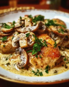 Creamy chicken with mushrooms served on a plate, garnished with herbs.