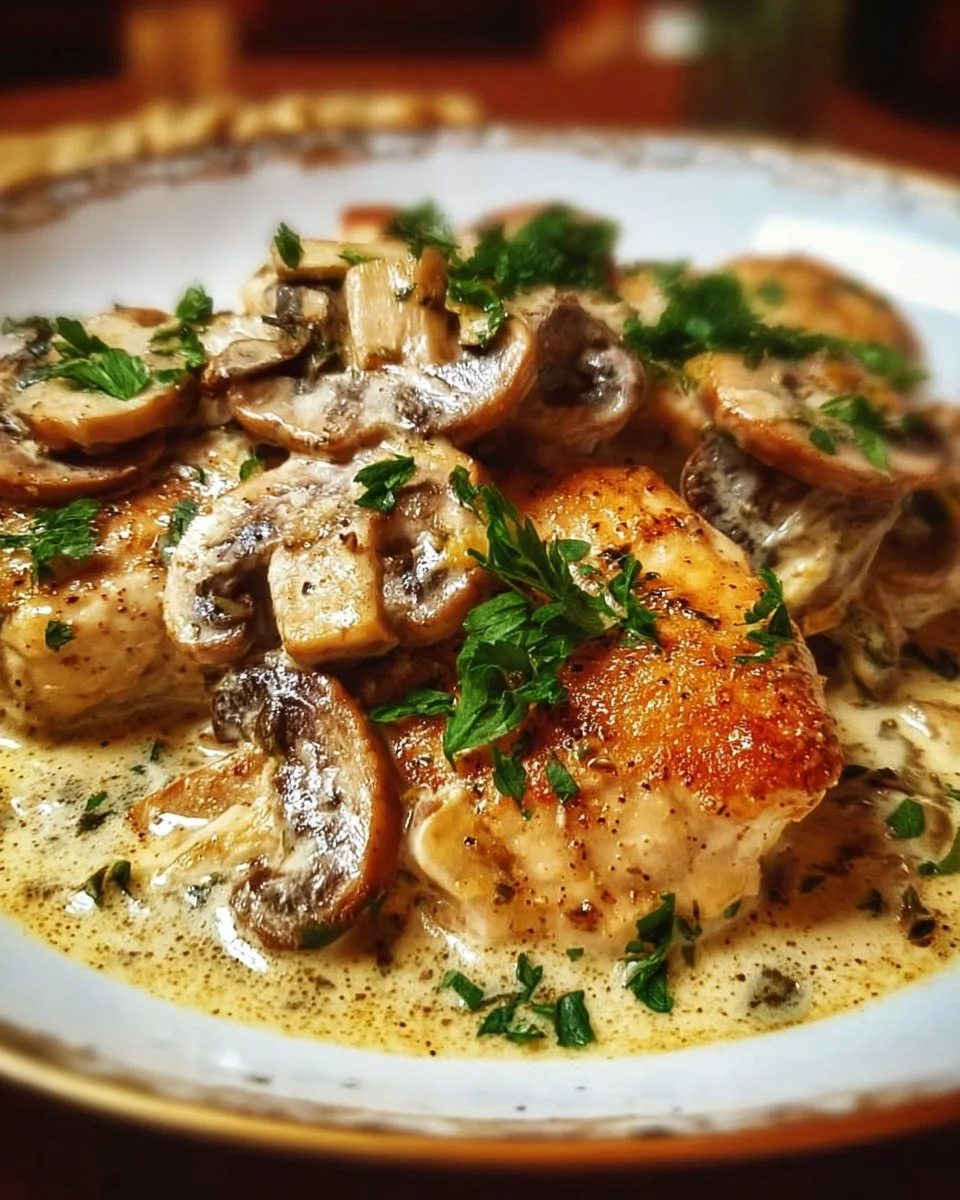 Creamy chicken with mushrooms served on a plate, garnished with herbs.
