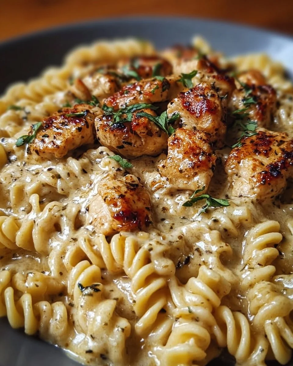Creamy Garlic Butter Chicken served with Rotini pasta in Parmesan sauce