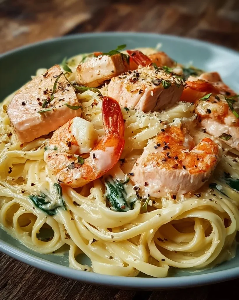 Creamy garlic seafood pasta with salmon and shrimp served in a bowl