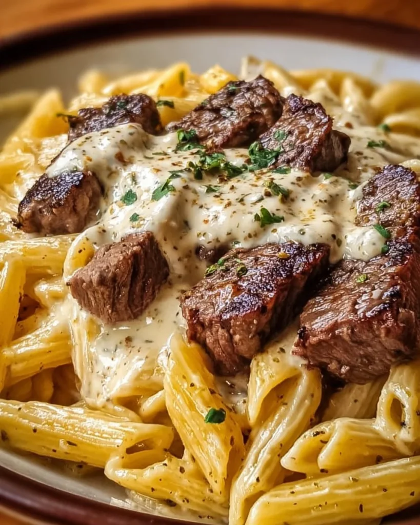 Creamy ranch steak pasta with mozzarella and garlic butter in a bowl