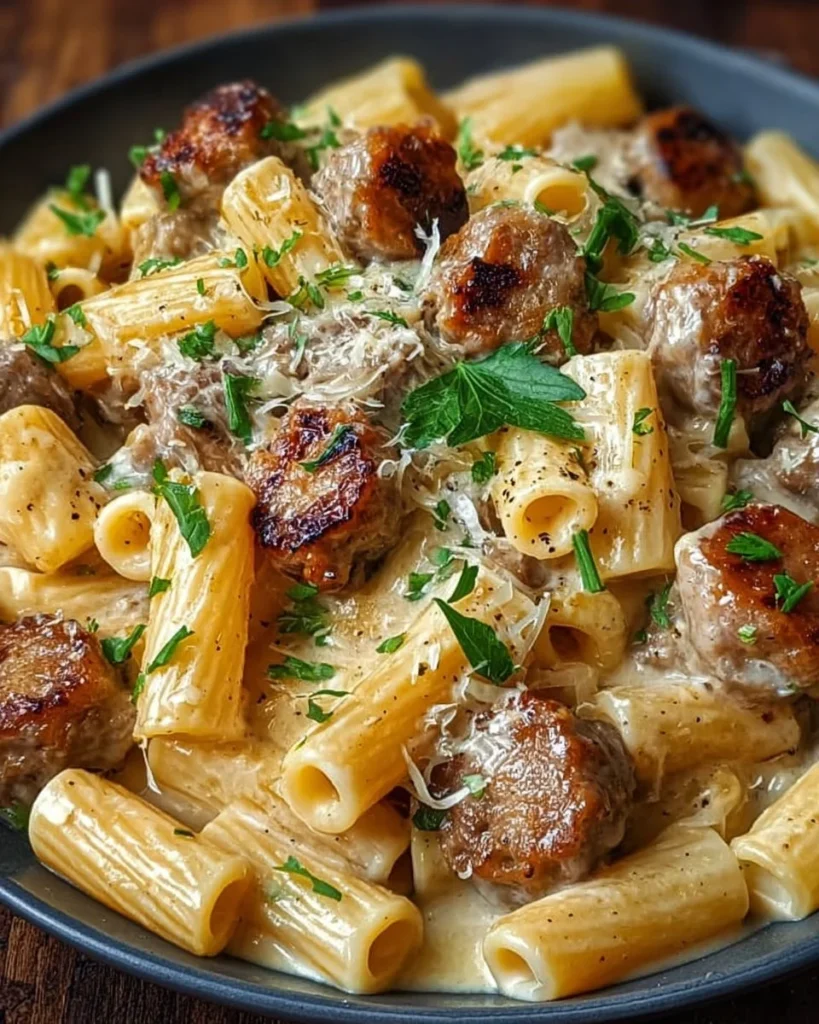 Creamy roasted garlic sausage Alfredo rigatoni served in a bowl