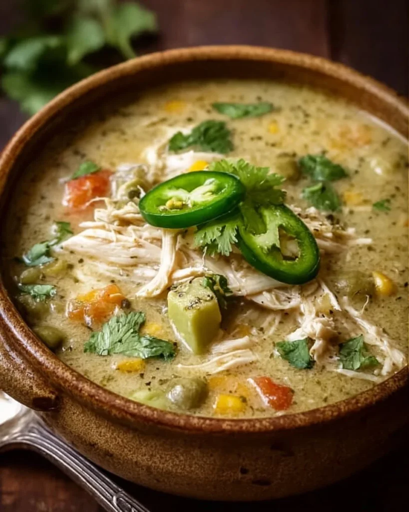 Bowl of Crock Pot Green Enchilada Chicken Soup garnished with cilantro and lime