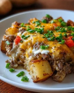 Delicious Crockpot cheesesteak potato casserole served in a bowl