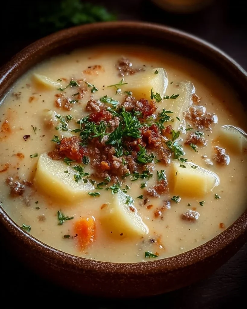Crockpot Creamy Potato & Hamburger Soup in a bowl, garnished with herbs.