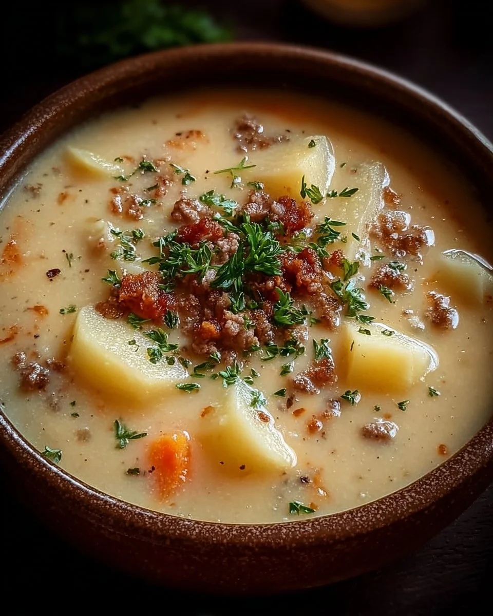 Crockpot Creamy Potato & Hamburger Soup in a bowl, garnished with herbs.