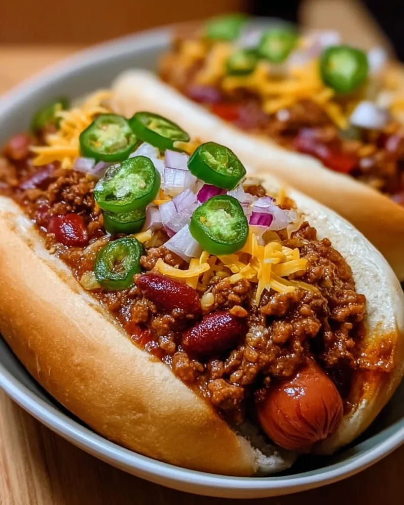 Crockpot hot dog chili served in a bowl with toppings