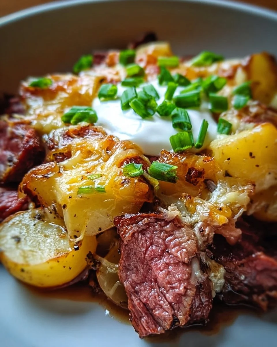 Crockpot loaded steak and potato bake served in a dish