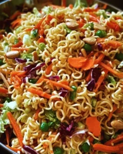 Crunchy Asian ramen noodle salad with fresh vegetables and dressing