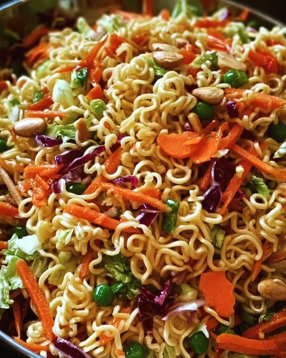 Crunchy Asian ramen noodle salad with fresh vegetables and dressing