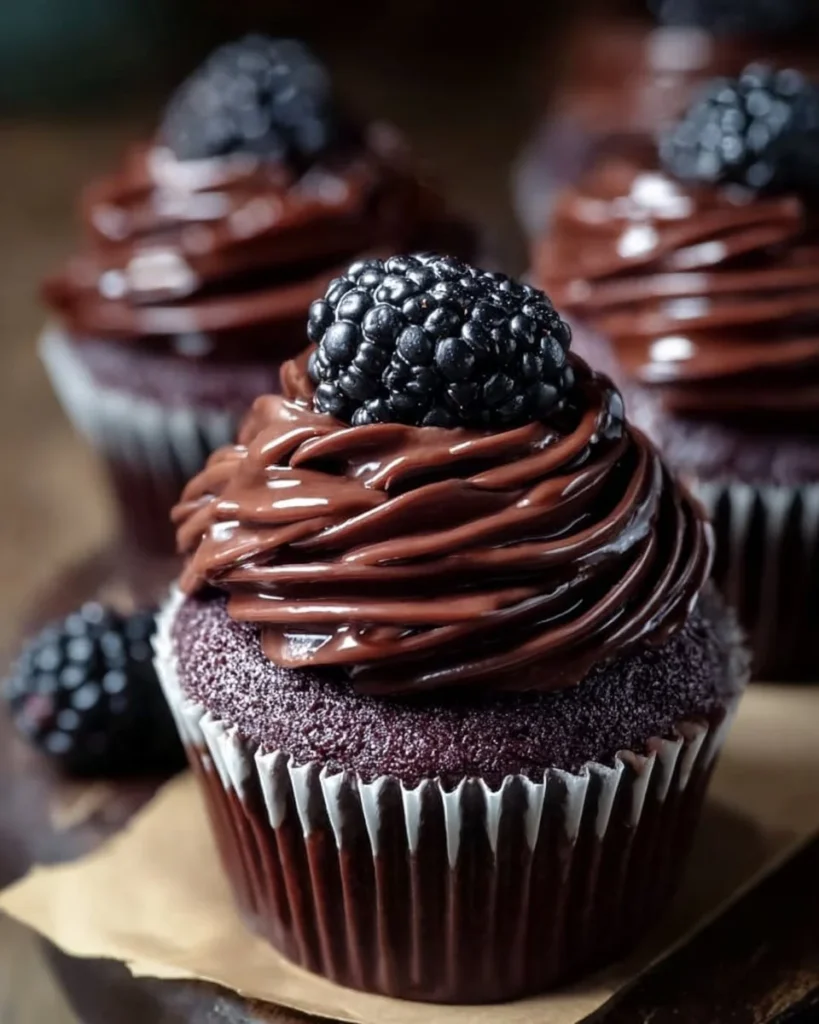 Delicious dark chocolate blackberry cupcakes topped with creamy frosting