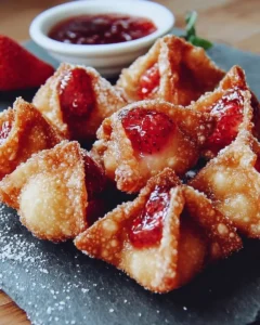 Deep-fried strawberry cheesecake stuffed wonton bites served on a plate