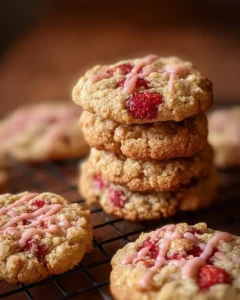 Plate of delicious strawberry crunch cookies with fresh strawberries