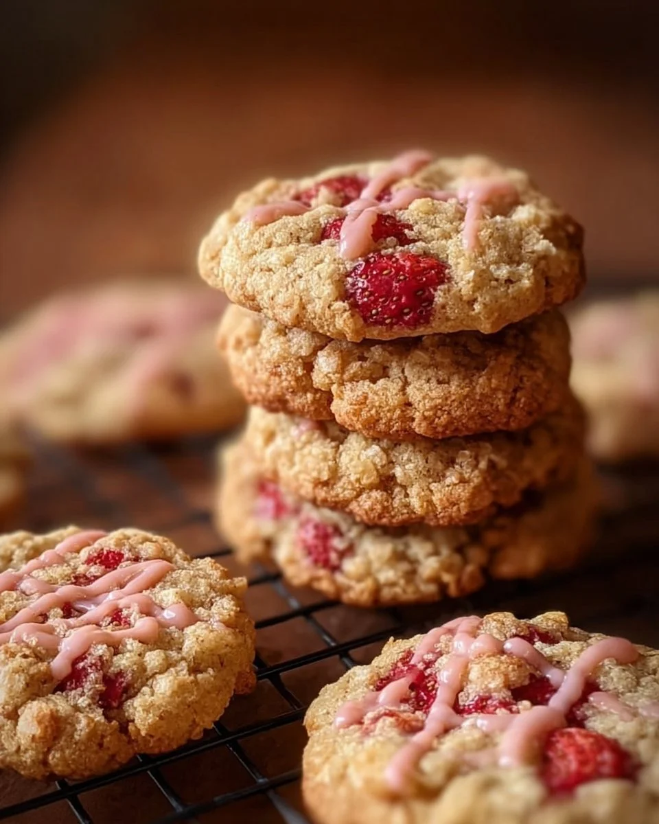 Plate of delicious strawberry crunch cookies with fresh strawberries