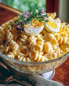 Delicious deviled egg pasta salad in a serving bowl.