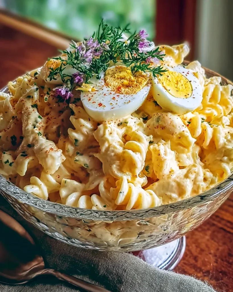 Delicious deviled egg pasta salad in a serving bowl.