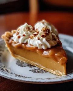 Dolly Parton’s delicious butterscotch pie served on a rustic wooden table.