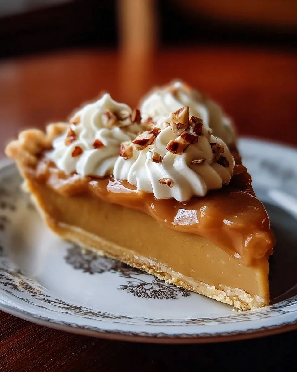 Dolly Parton’s delicious butterscotch pie served on a rustic wooden table.