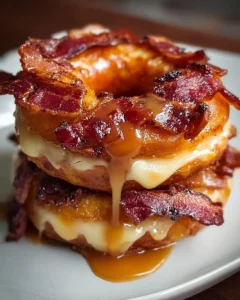 Delicious donut grilled cheese with bacon and a maple glaze on a plate
