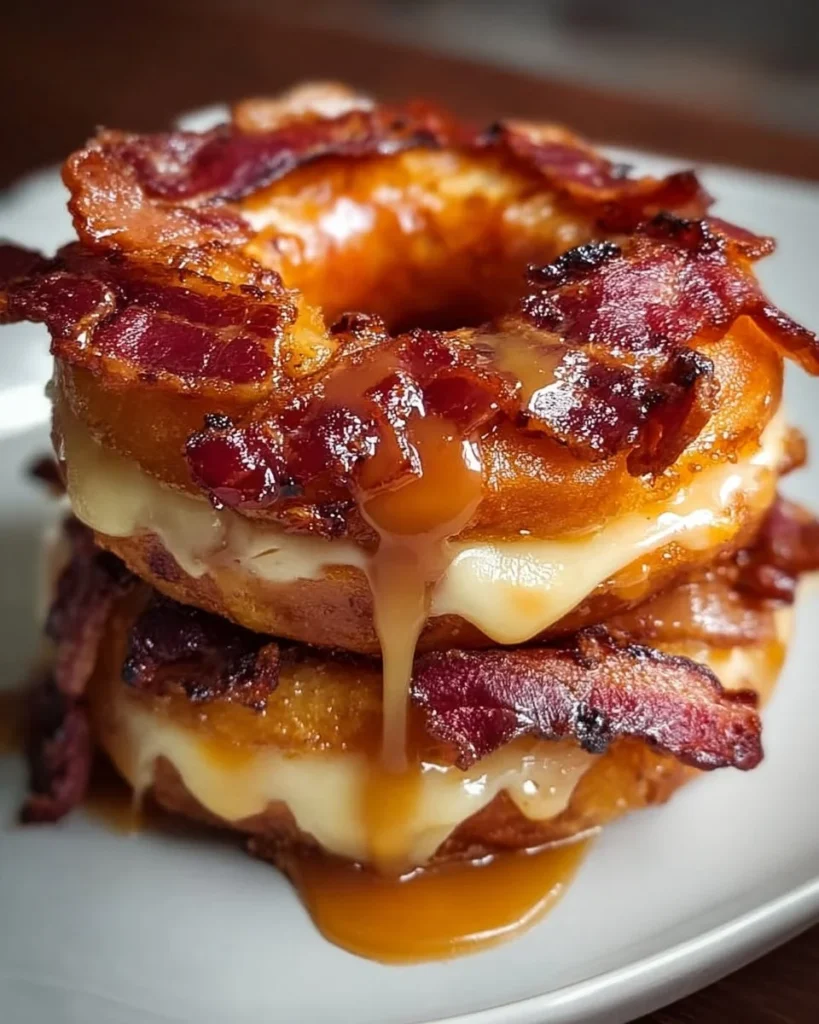 Delicious donut grilled cheese with bacon and a maple glaze on a plate