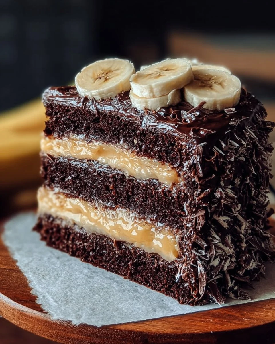 Double chocolate banana layer cake showcasing rich chocolate and banana flavors.