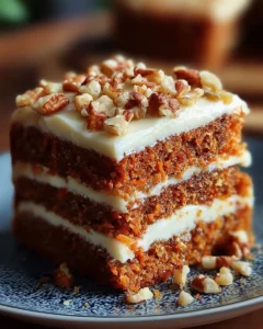A slice of flourless carrot cake topped with cream cheese frosting and walnuts.