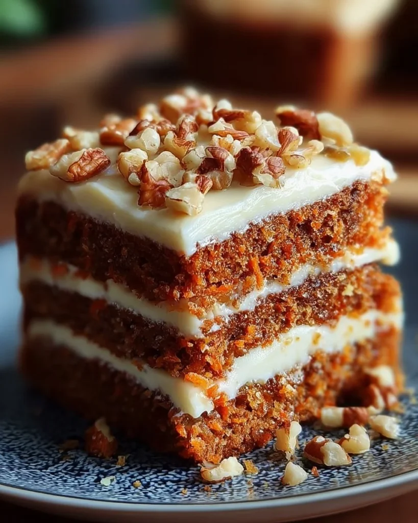 A slice of flourless carrot cake topped with cream cheese frosting and walnuts.